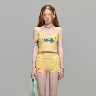 苏拉娜公主分体泳衣女保守显瘦遮肚黄色多巴胺平角裤 少女温泉泳装