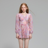 花色温泉泳装 长袖 连体泳衣女保守显瘦遮肚裙式 苏拉娜公主2026新款