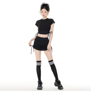 苏拉娜公主分体泳衣女保守显瘦遮肚裙式 运动黑色泡温泉游泳衣 短袖