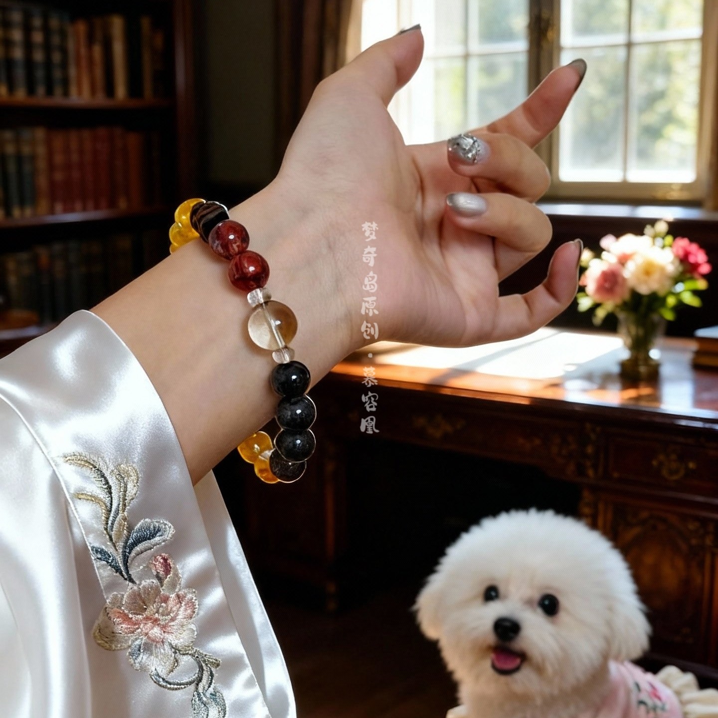 原创红黄胶花茶晶手串女款手链国潮设计本命年送朋友闺蜜生日礼物