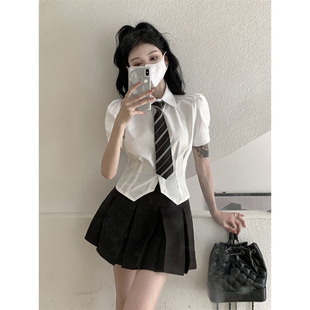 收腰衬衫 夏季 女短袖 新款 jk制服女领带显瘦小辣妹三件套 百褶裙套装