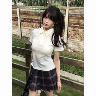 修身 JK刺绣白色POLO领衫 新款 翻领短袖 日系学院风JK短裙 T恤女夏季