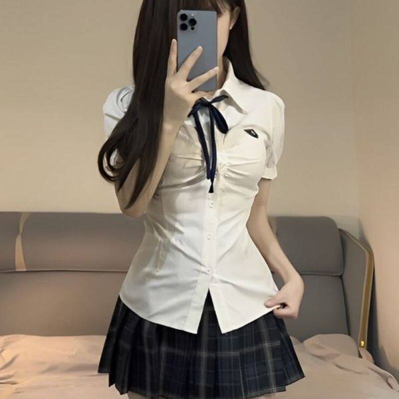 学院风辣妹白色收腰衬衫上衣女款夏季jk制服短袖泡泡袖设计感衬衣