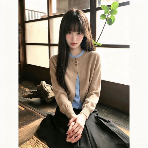 高知感miu系假两件拼接长袖针织