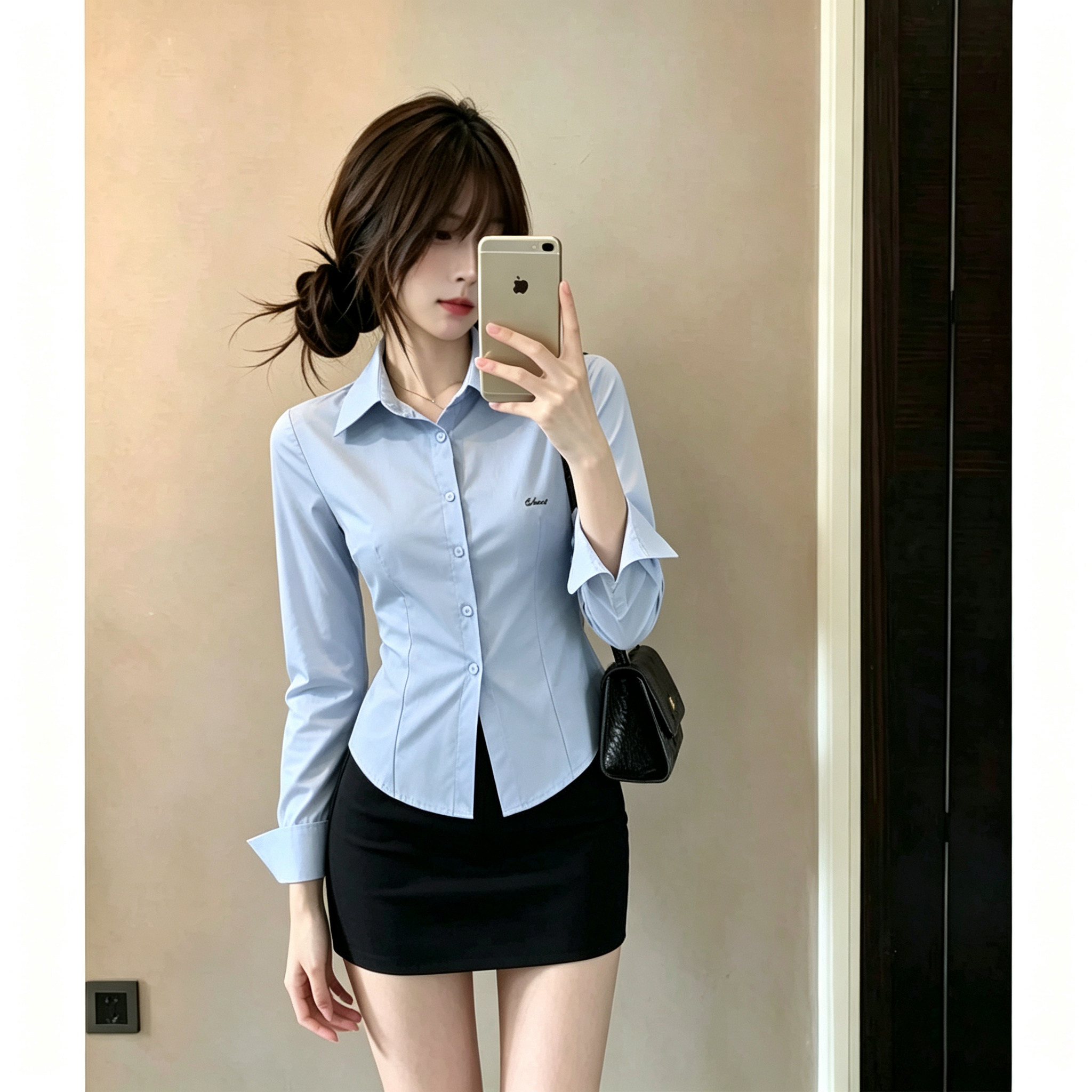 设计感刺绣修身收腰长袖衬衫女春秋蓝色衬衣通勤工作服包臀裙套装