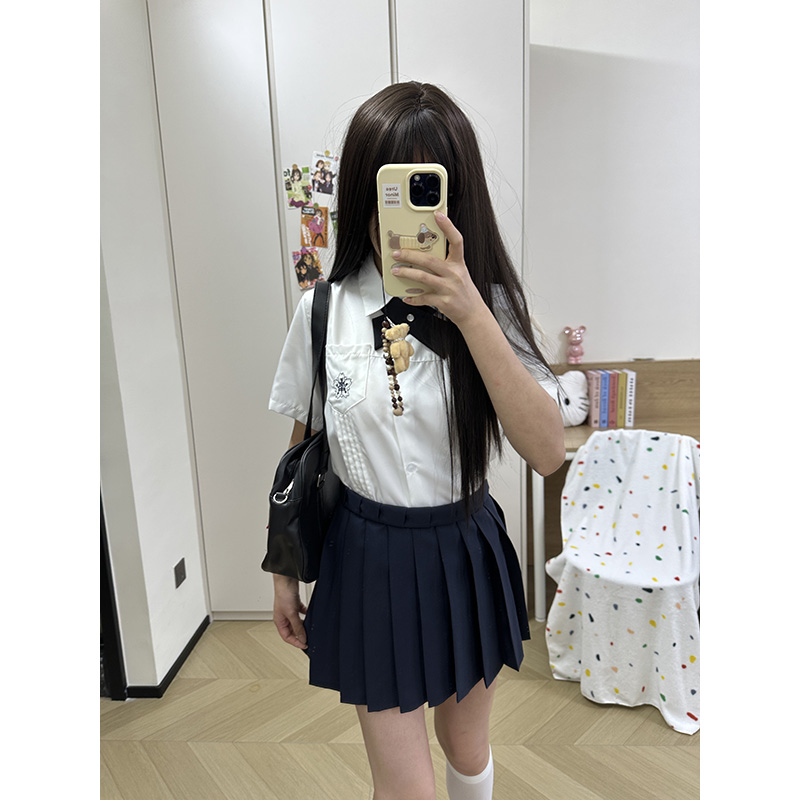 jk制服套装原创正版日系简约刺绣白色衬衫百褶半身裙两件套夏季