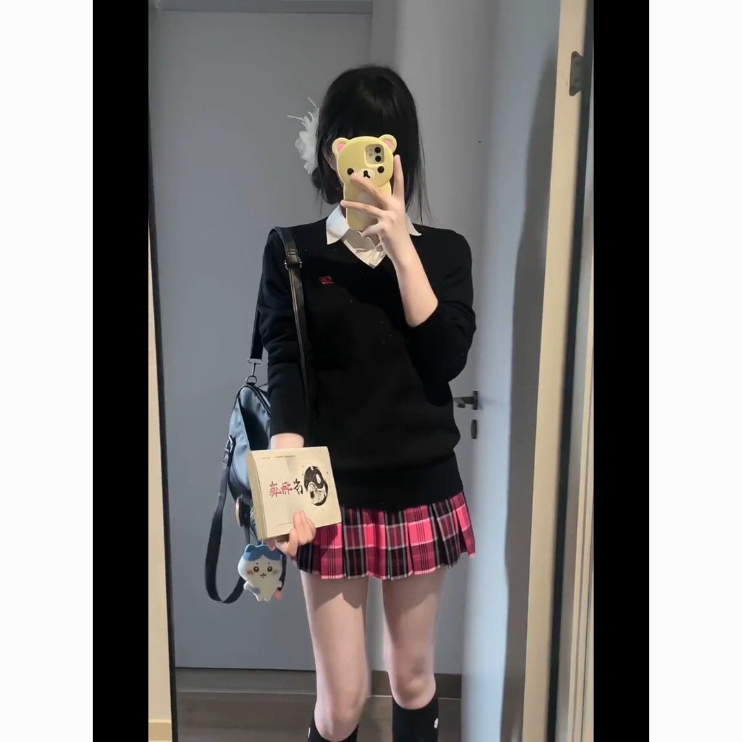 JK制服黑色毛衣V领针织衫