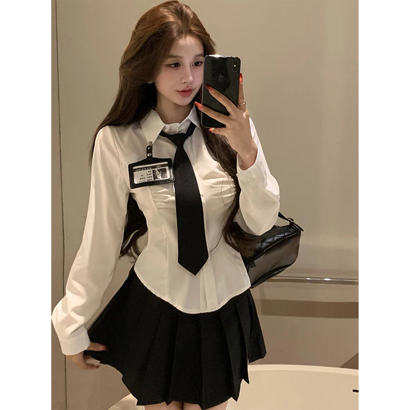 纯欲风法式辣妹JK制服套装秋季学院风收腰长袖衬衫百褶裙两件套女
