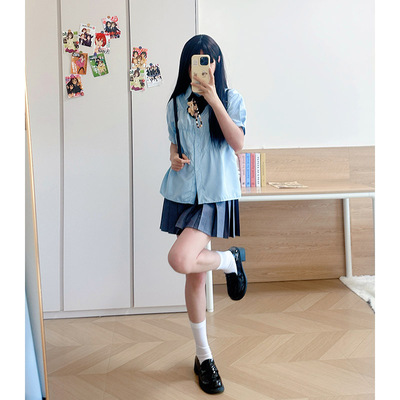 日系jk套装正版原创小个子褶皱设计蓝色短袖衬衫灰色半身裙两件套