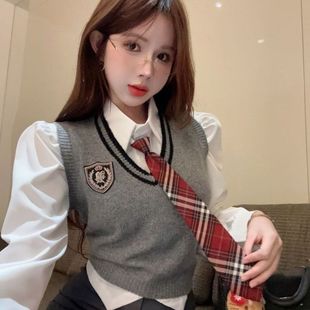 修身显瘦针织叠穿马甲长袖衬衫美拉德韩系jk制服校园风上衣女秋冬