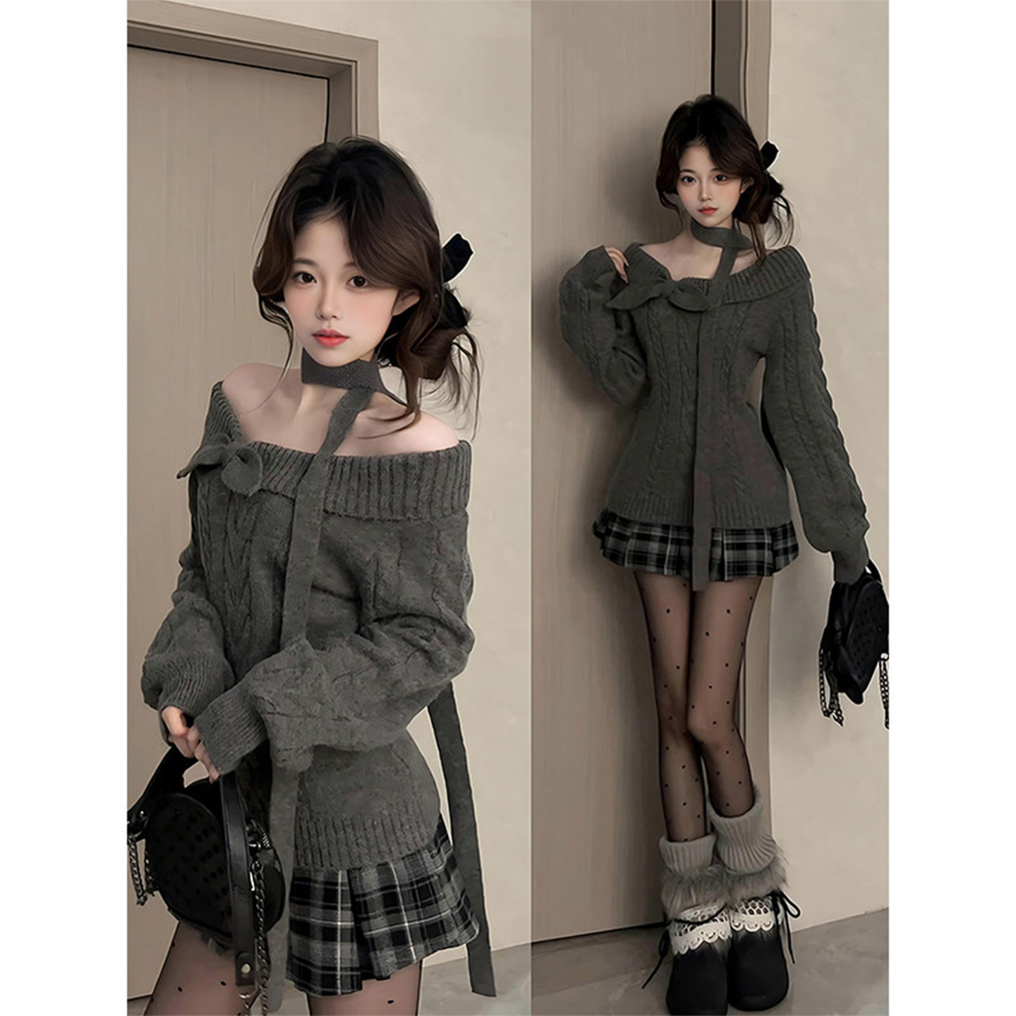 秋冬季小众高级感韩系显瘦针织衫露肩一字肩麻花毛衣女纯欲风上衣