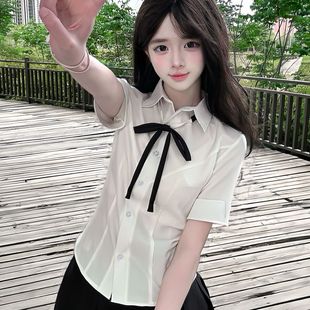 夏季 原创jk制服收腰白色衬衫 女长短袖 辣妹学院风衬衣狗短格裙套装