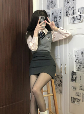 秋冬款韩系针织衫毛衣马甲学院风套装jk制服纯欲辣妹包臀半身裙女