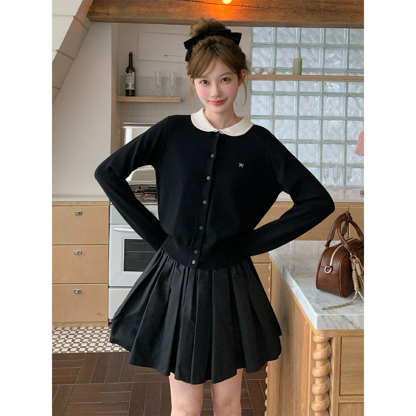 日系黑色针织毛衣开衫外套撞色娃娃领女半身裙jk制服套装秋冬穿搭