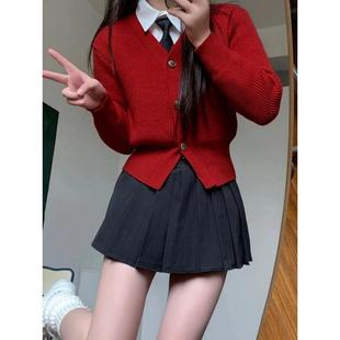 外套女装冬复古收腰百褶裙衬衫套装新年战袍学院风红色毛衣针织衫