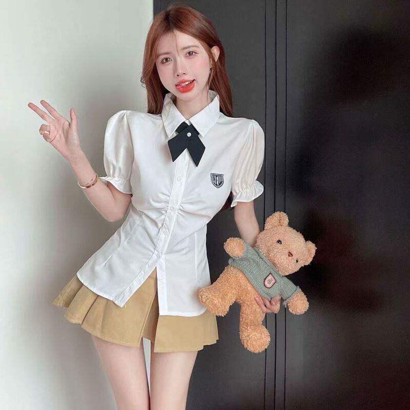 学院风纯欲白色收腰泡泡袖短袖衬衫女夏季jk制服辣妹显瘦气质上衣
