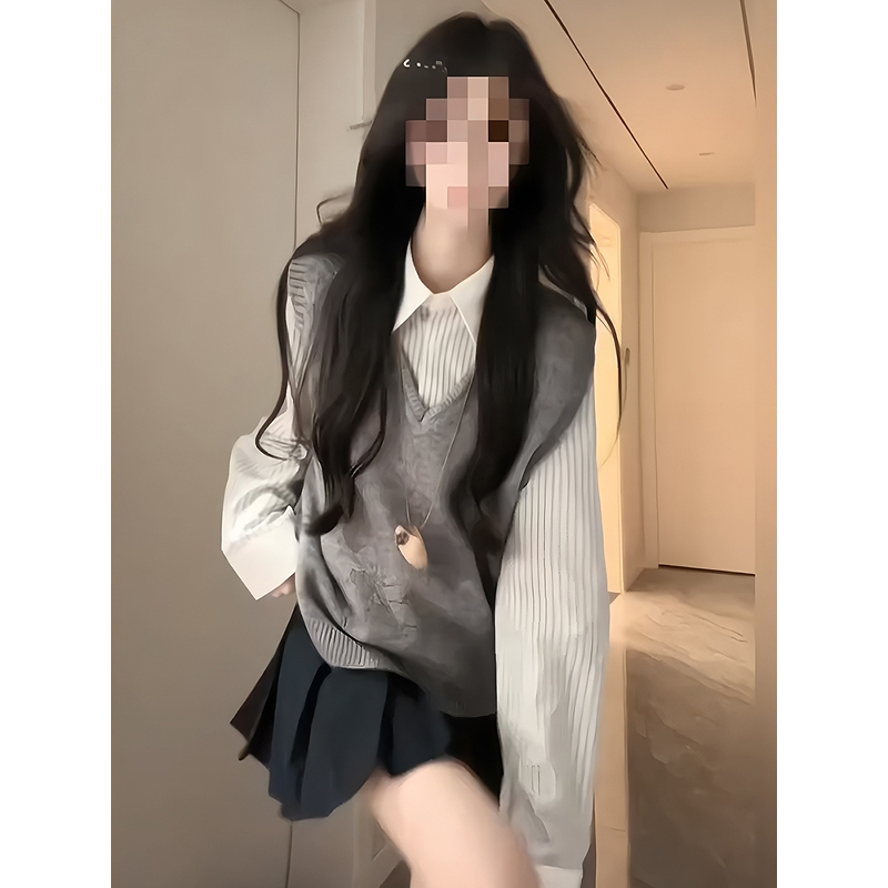 简约白色条纹衬衫上衣半身裙