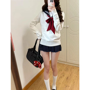 日系JK制服叠穿毛衣长袖外套女秋冬学院风百搭V领白色套头针织衫