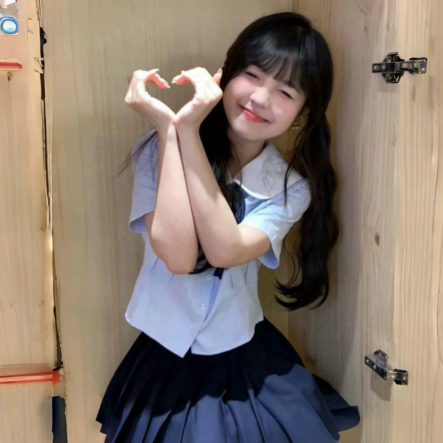 学院风甜美娃娃领蓝色条纹衬衫夏季jk制服短袖上衣百褶短裙套装女