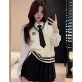 时尚 马甲背心高腰百褶裙早秋搭配一整套装 套装 女学院风纯色针织衫