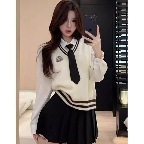 时尚套装女学院风纯色针织衫马甲背心高腰百褶裙早秋搭配一整套装