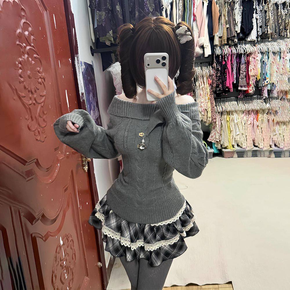 jk制服针织衫露肩上衣韩系古早感收腰修身灰色毛衣女装秋冬季气质