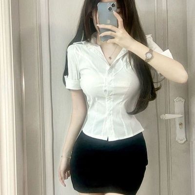 紧身制服衬衫新款夏设计感小众衬衣性感短袖白色修身职业上衣女装