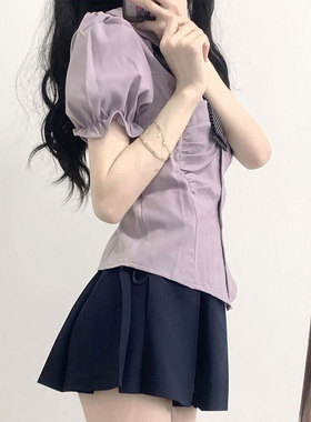 JK制服娃娃领收腰显瘦短袖衬衫女夏季小众甜美褶皱泡泡袖紫色上衣