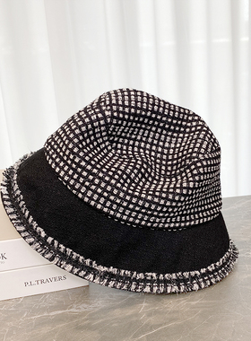 VSL~VSL~春天逛街韩版银丝亮闪闪盆帽小香风格女士黑色拍照保暖渔