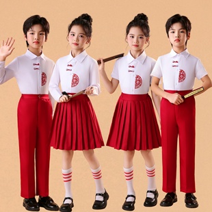 元旦儿童合唱服新中式演出服小学生爱国朗诵服装红色男女礼服套装