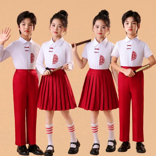 元旦儿童合唱服新中式演出服小学生爱国朗诵服装红色男女礼服套装