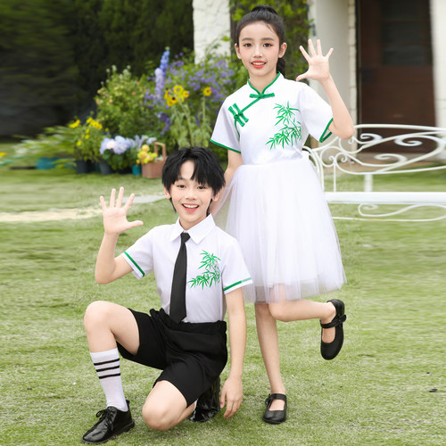 中国风儿童演出服红花青花瓷小学生诗歌朗诵合唱表演蓬蓬连衣纱裙