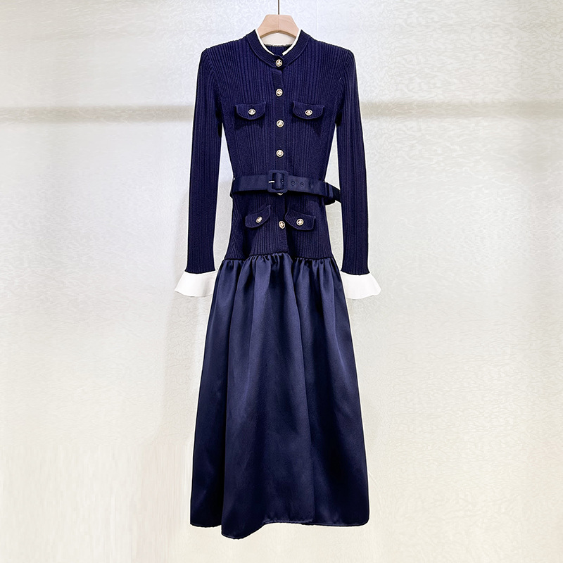 优雅藏蓝色长袖针织拼塔夫绸长裙