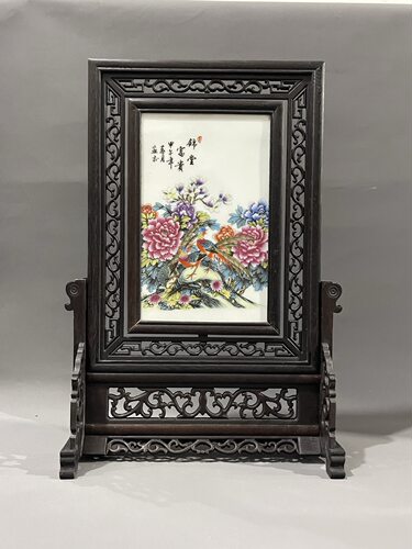 古玩精品瓷板画鸡翅木镶粉彩花鸟瓷板画竖插座屏摆件居家装饰