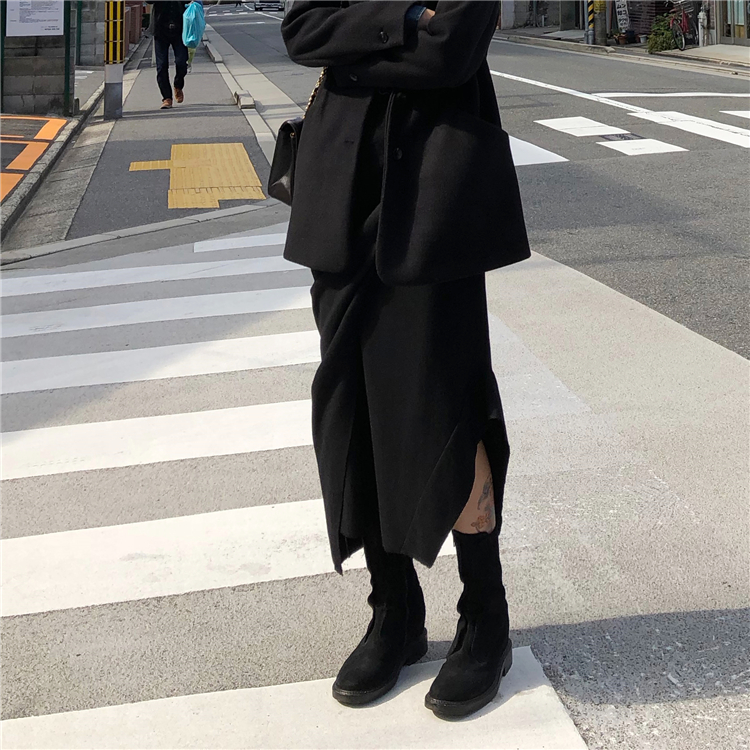 不规则设计感拼接中长款半身裙秋冬新款港风暗黑显瘦呢料一步裙