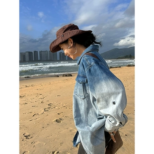 女春季 衬衣外套上衣 宽松休闲叠穿长袖 复古渐变牛仔衬衫 新款 时尚