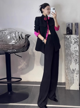 929早秋新款轻奢时尚立领订花撞色修身西装套装女直筒裤两件套女