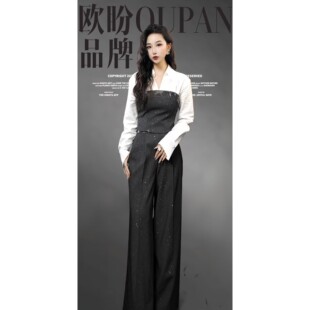 2026春款高定气质轻奢拼接休闲假两件衬衫阔腿裤两件套装1012