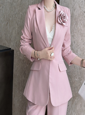 508粉色西服套装女春秋时尚气质女神范主持人高端设计感职业正装