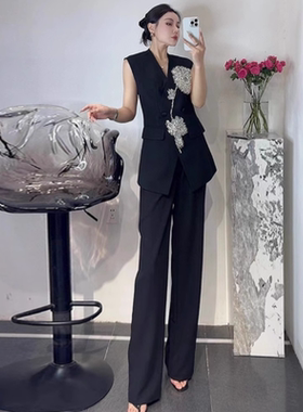 3018春夏新款设计感小众玫瑰钉钻收腰马甲套装女直筒裤时尚两件套