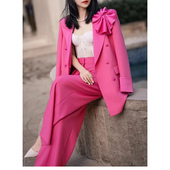 高端时尚 气质两件套 阔腿裤 御姐范职业套装 女春秋设计感玫粉色西装