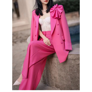 高端时尚御姐范职业套装女春秋设计感玫粉色西装阔腿裤气质两件套