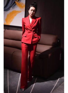 2025秋冬高端时尚职业正装设计感满身烫钻西装外套微喇裤两件套女