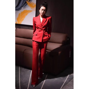 2025秋冬高端时尚职业正装设计感满身烫钻西装外套微喇裤两件套女