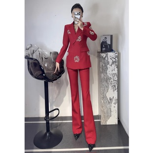 女 轻奢套装 2025秋冬新款 高级感新年喜庆战衣重工玫瑰钉珠西服长裤