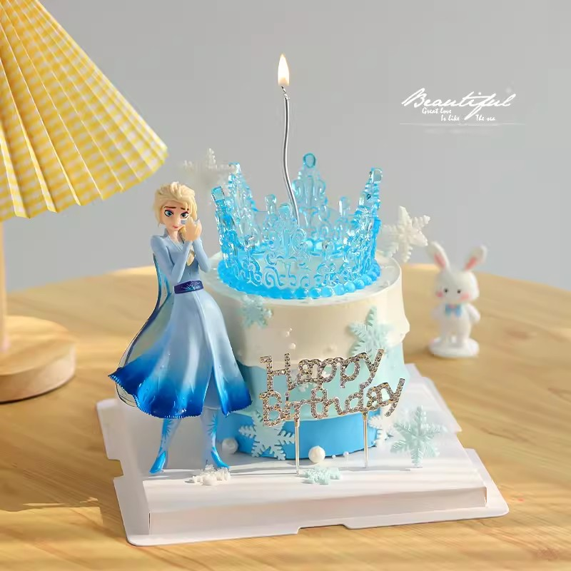 网红爱莎公主蛋糕装饰蓝色水晶皇冠摆件冰雪女王艾莎生日插件装扮