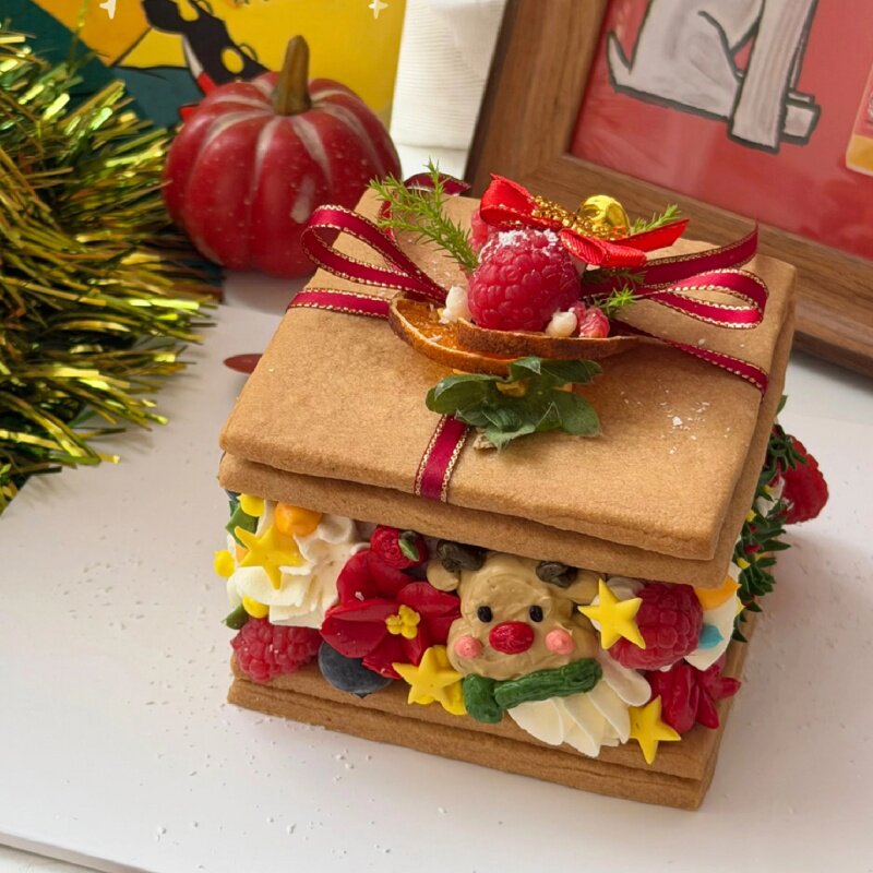 爆款圣诞节主题夹心曲奇饼干盒子蛋糕装饰可爱铃铛DIY蝴蝶结丝带