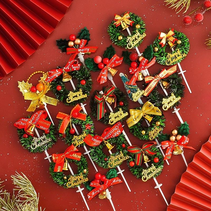 圣诞节装饰插牌蛋糕插件纸杯花环草圈摆件草莓塔卡通星星树装扮