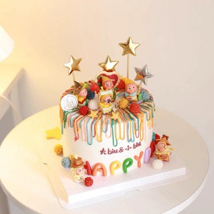 网红星星人蛋糕装饰插件彩色HB字母毛球星星生日派对烘焙甜品装扮