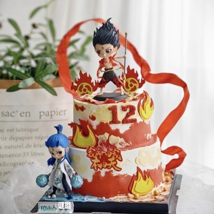 网红哪吒敖丙蛋糕装饰摆件风火轮红色混天绫儿童男孩生日装扮插件